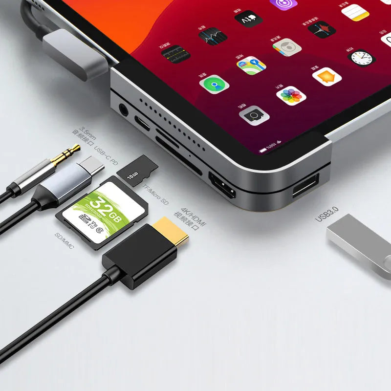Silver aluminium grey USB-C 6-in-1 docking station for iPad Pro with HDMI port and card reader