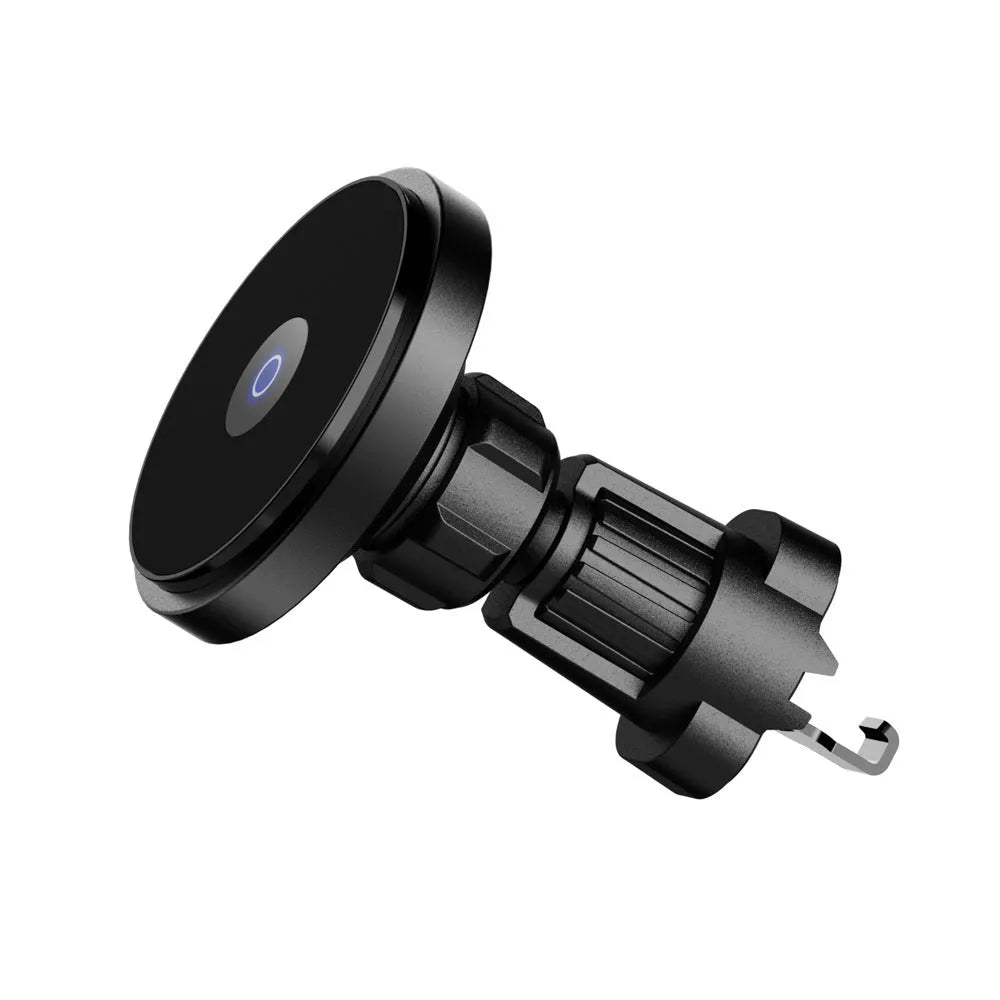 Silver 15W magnetic wireless car charger mounted on vehicle air vent with phone attached