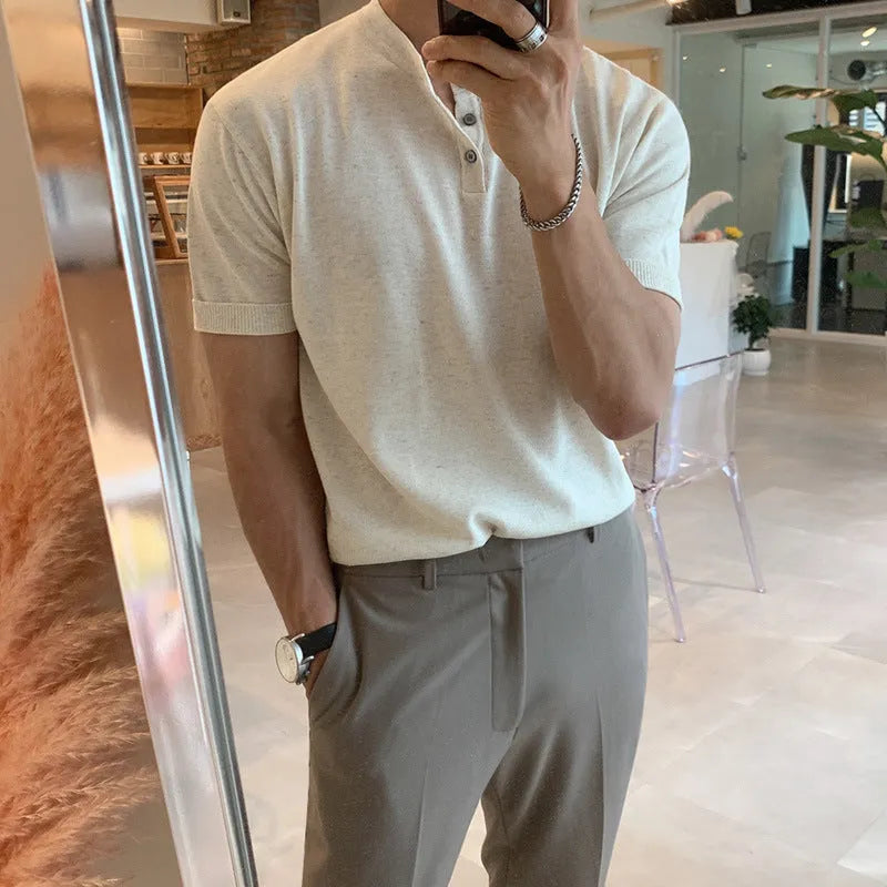 Men's thin ice silk knitted short-sleeved shirt in slim-fit style available in black, khaki, and white colours