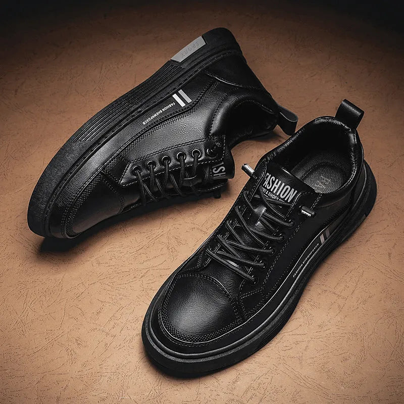Men's black and white microfiber skateboard shoes with elastic band closure and rubber sole