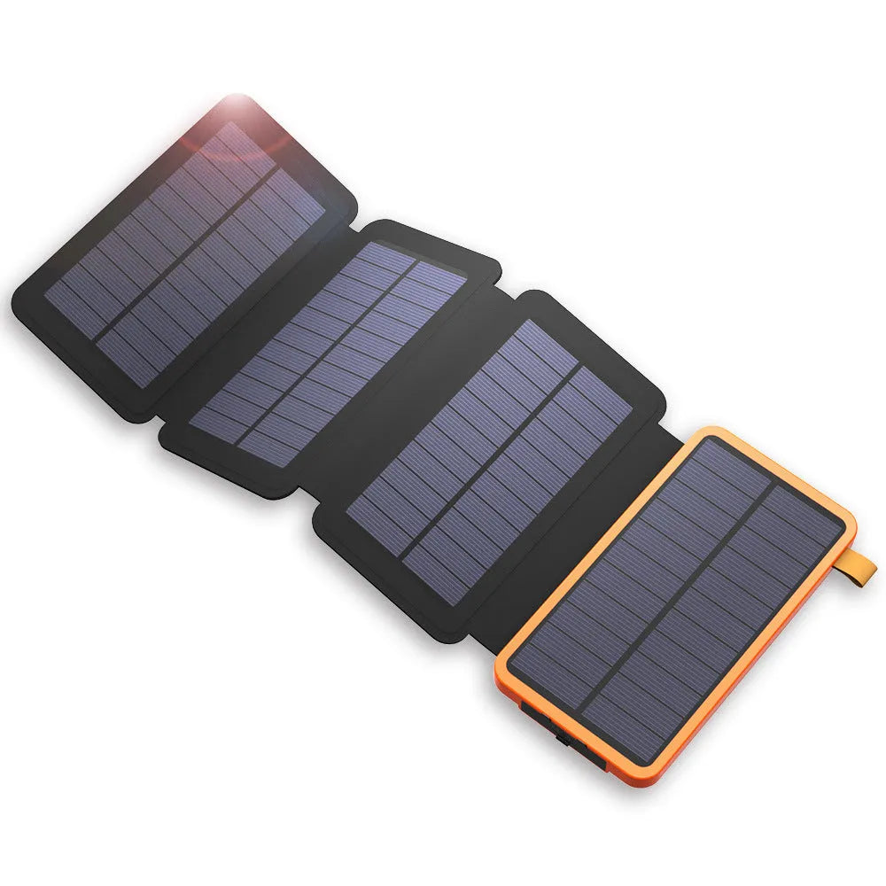 Outdoor solar power bank in multiple colours showing solar panel, USB ports, and LED light.