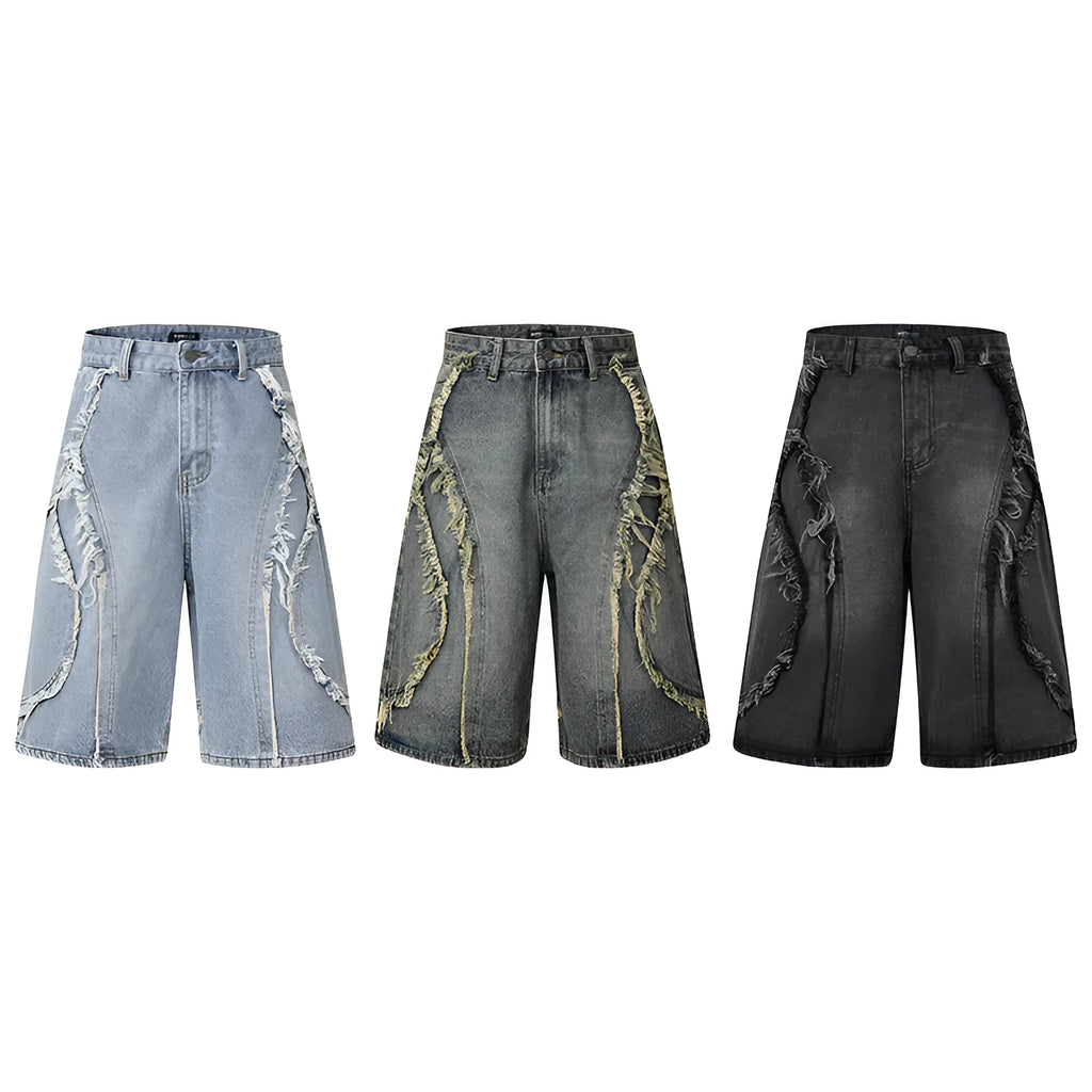 American Pu Shuai distressed straight leg denim shorts in black, shown with raw hem details.