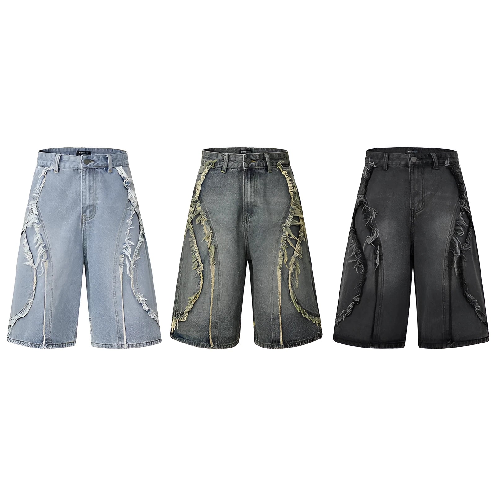 American Pu Shuai distressed straight leg denim shorts in black, shown with raw hem details.