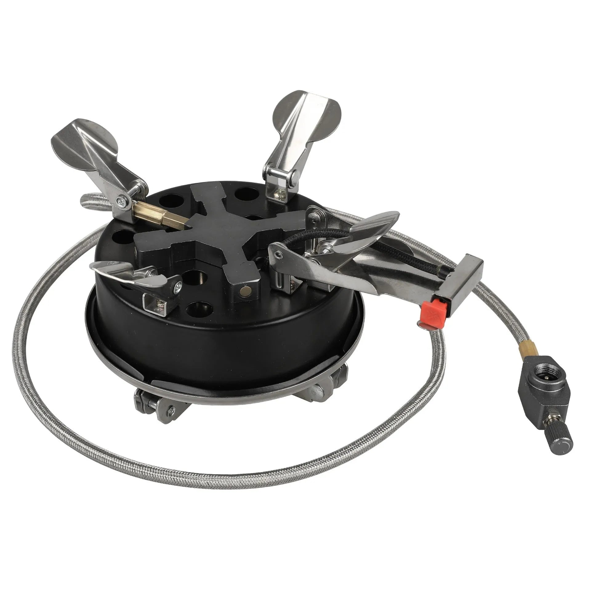 Silver portable stainless steel split camping stove with a long hose, shown folded.