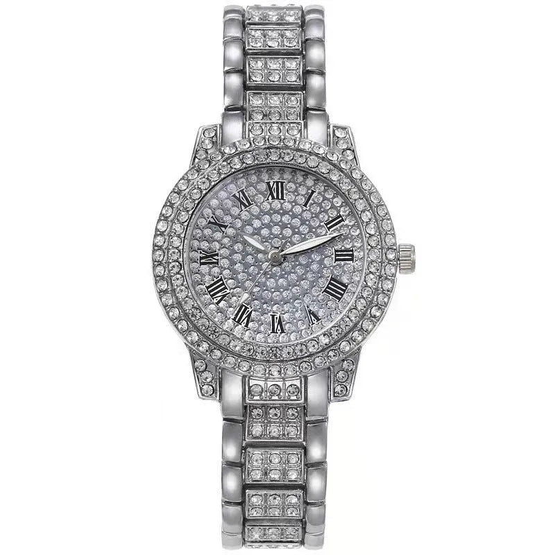 Diamond-encrusted casual women's quartz watch with gold alloy strap and 30mm dial, screw crown