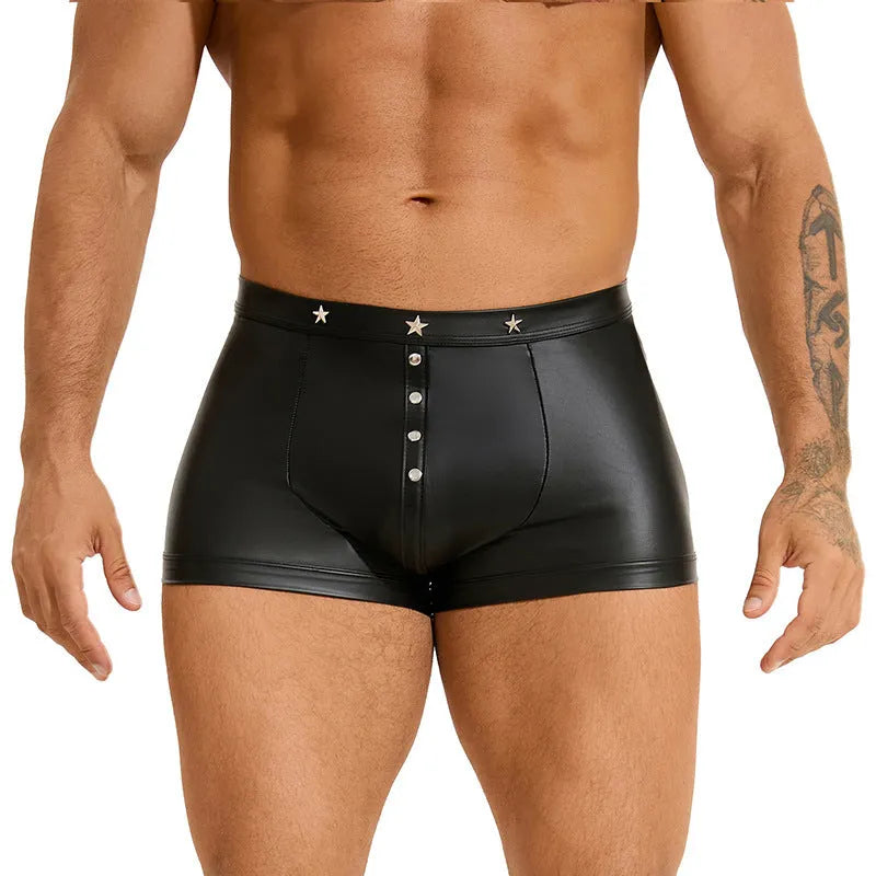 Black men's U pouch boxer shorts in PU leather, showing front design.