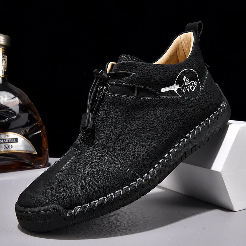 Men's tall crown casual leather shoes in black with a round toe and mid-height rubber sole.