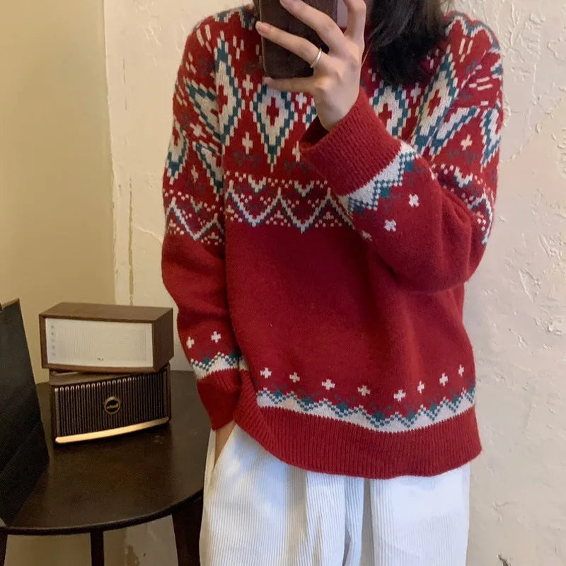 Red and white striped loose retro pullover knitted top with long sleeves.