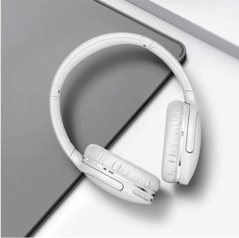 Black and white wireless Bluetooth sports headset with head-mounted design showing ear cups and headband