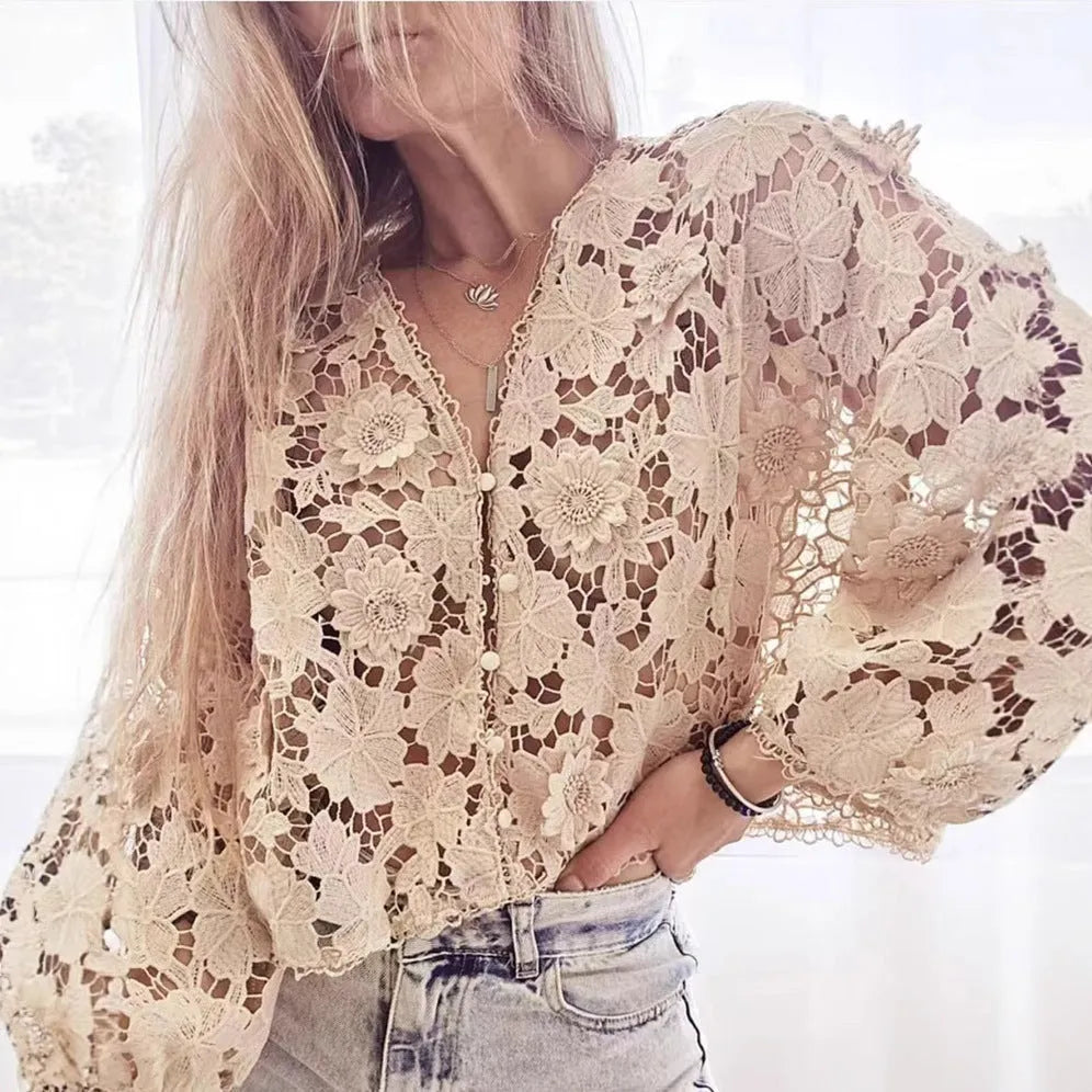 White lace V-neck cardigan with three-dimensional floral decoration and long sleeves