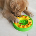 Square lake blue dog puzzle toy with a central food column and top turntable on a non-slip base.