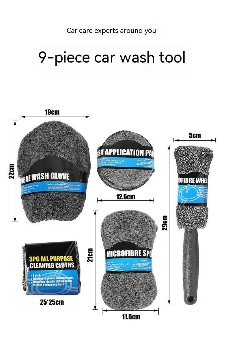 9-piece grey microfiber car wash cleaning set with gloves, sponge, brush, wipes and towels