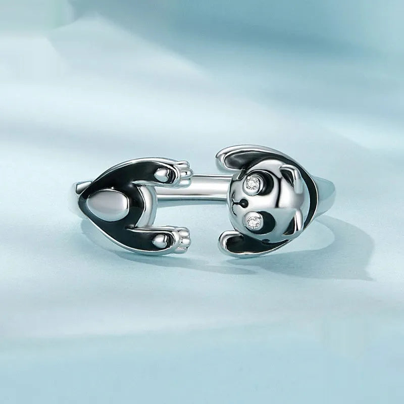 Sterling silver adjustable panda ring bracelet with white gold plating