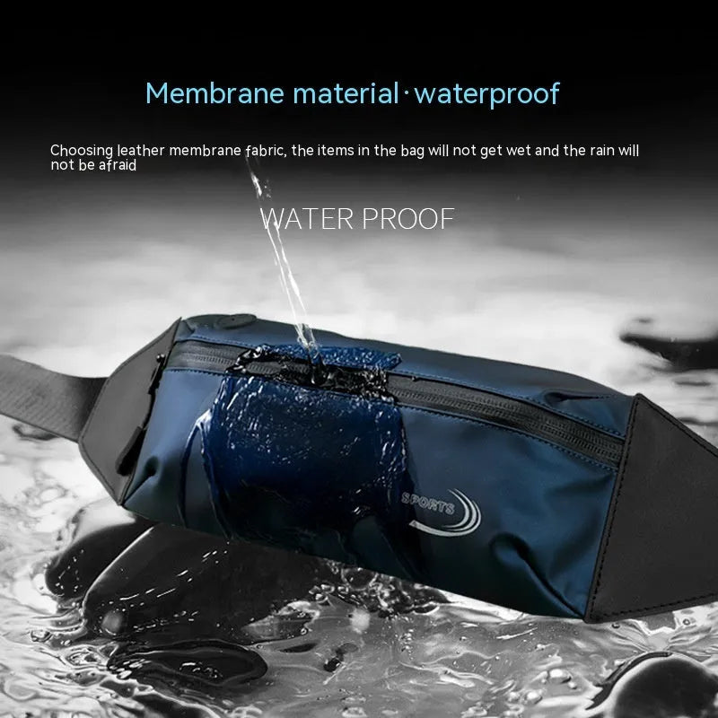 Men's blue waterproof sports waist bag with secure fastening, shown with dimensions