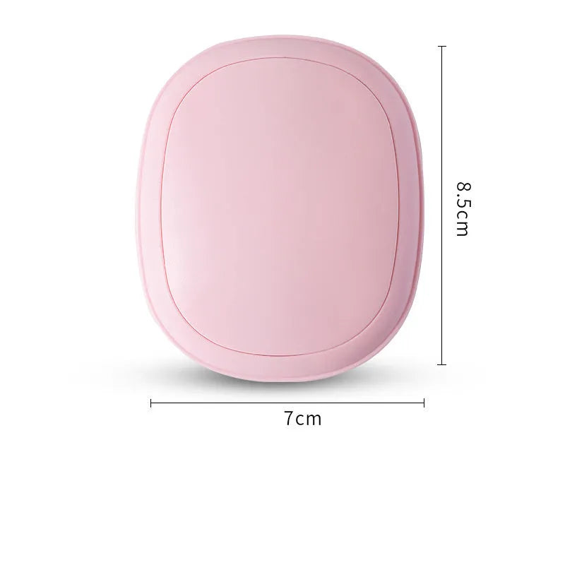 USB hand warmer in pink with three-gear temperature control and compact pebble design