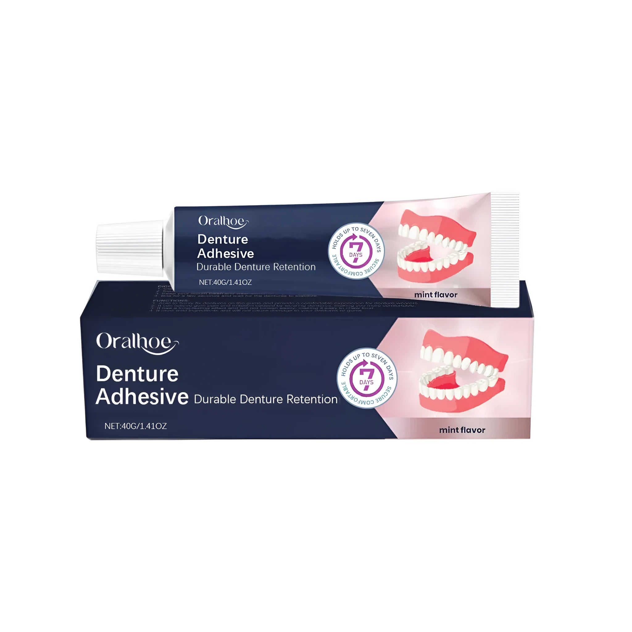 40g tube of menthol flavoured denture adhesive cream on a blue background