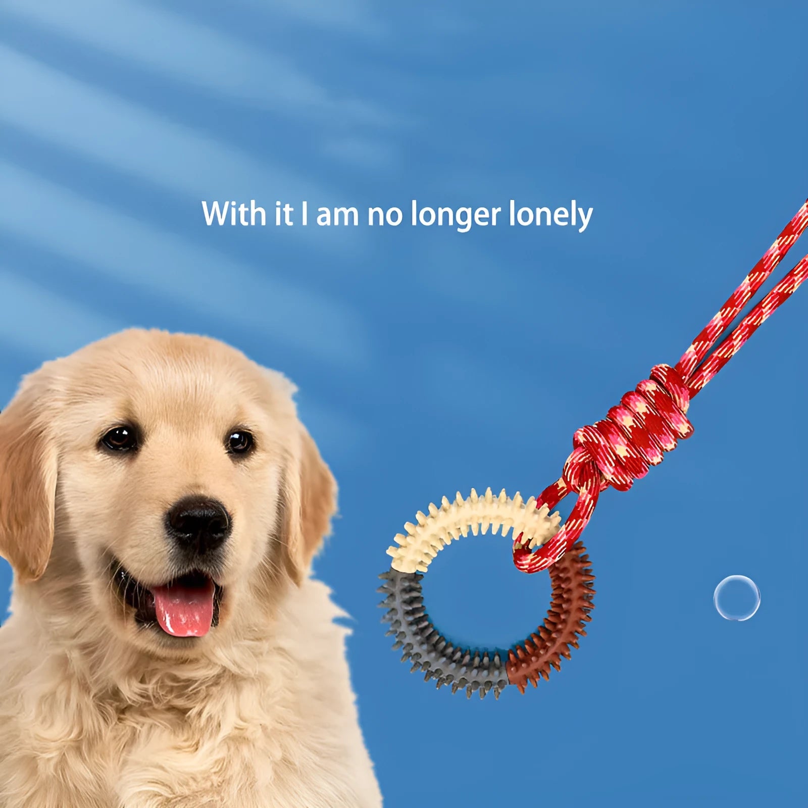 Blue braided rope dog toy with multiple knots measuring 43 cm in length