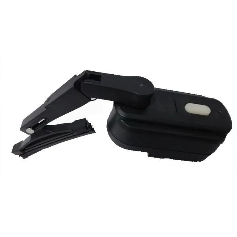Black plastic 800mA electric wiper with a 65mm blade for motorcycle helmets.