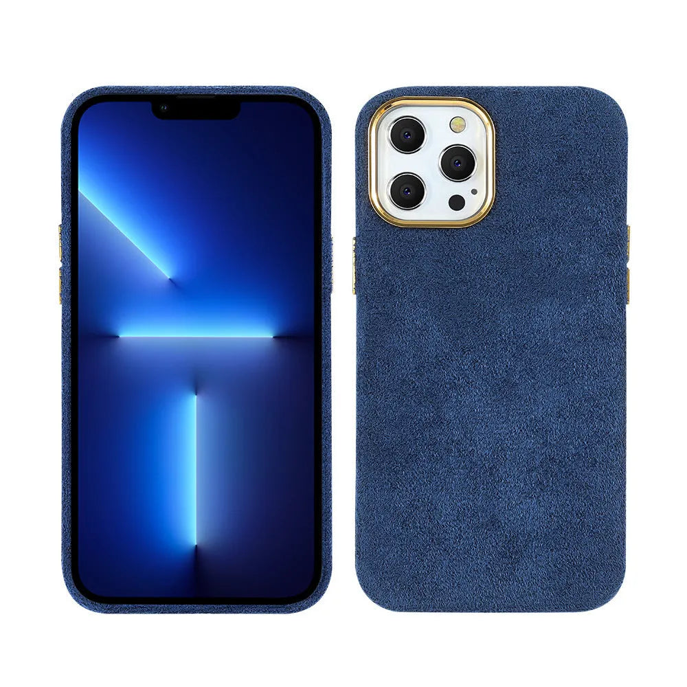 Turn Fur furry mobile phone case in solid colour, hot press moulded PU PET rear cover for iPhone