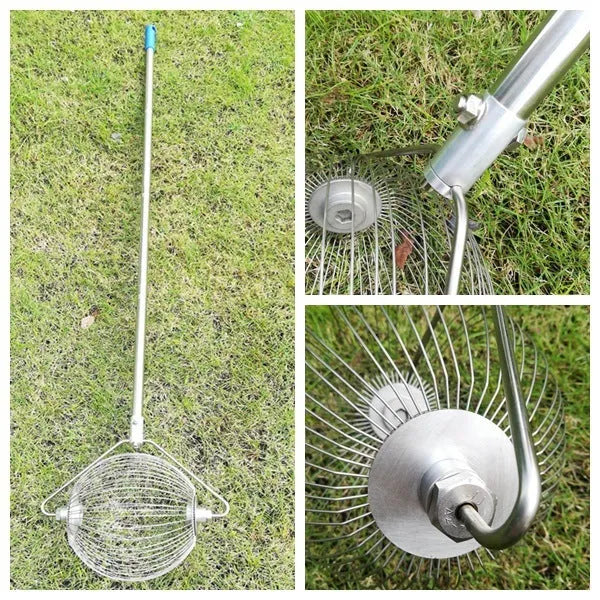 Metallic silver stainless steel golf ball picker with 40cm shaft and 9cm collection head