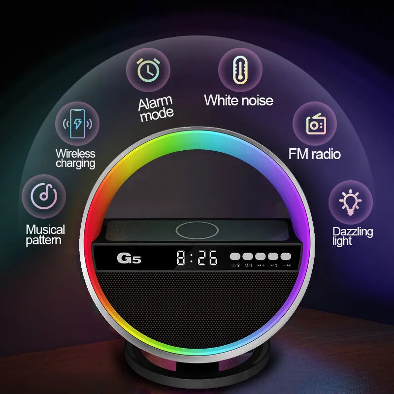 White multifunction RGB night light wireless charger and Bluetooth-compatible speaker, 95x95x126mm, USB powered