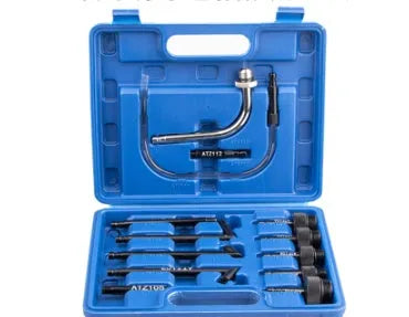 Thirteen-piece automatic transmission oil refuelling tool kit with injector and wave box connector.
