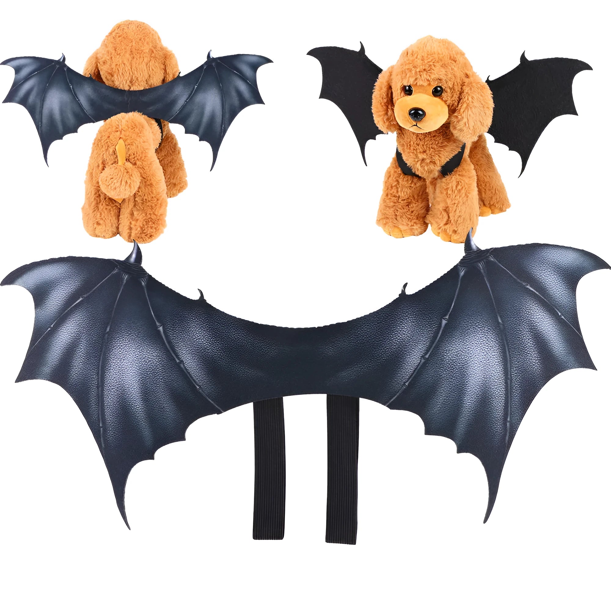 Black cloth bat wings costume shown on a pet's back, with size options for small, medium, and large dogs and cats.