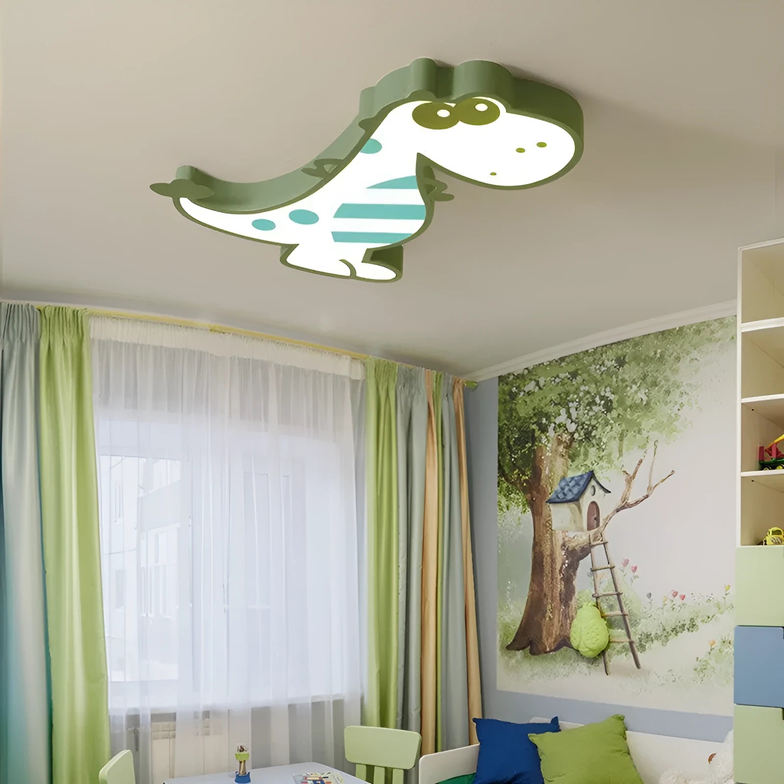 48cm cartoon dinosaur ceiling light with aluminium body and PVC shade, showing electrodeless dimming control.