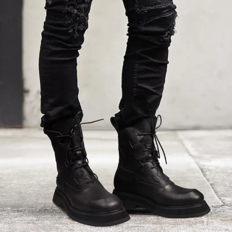 Black mid-top platform boots with PU upper and rubber sole, 3-5cm heel, unisex sizes 38-46