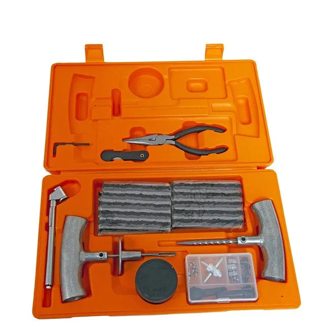 Emergency tyre repair tool set with spring steel insertion tool, reamer tool and pressure gauge in compact case