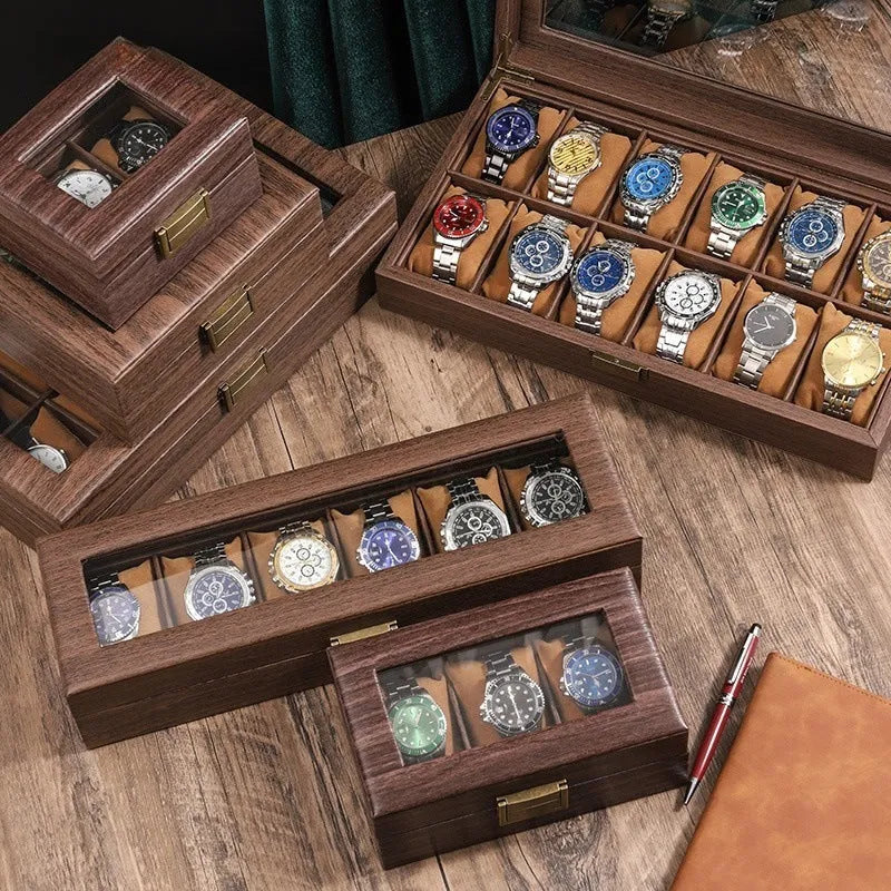 Wood grain PU leather watch storage box with glass lid showing multiple slots with soft pillows