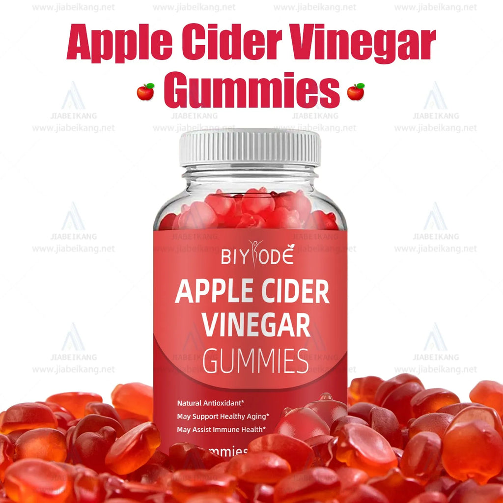 Bottle of Biyode apple cider vinegar gummies with 60 gummies per bottle, vegan and gluten-free