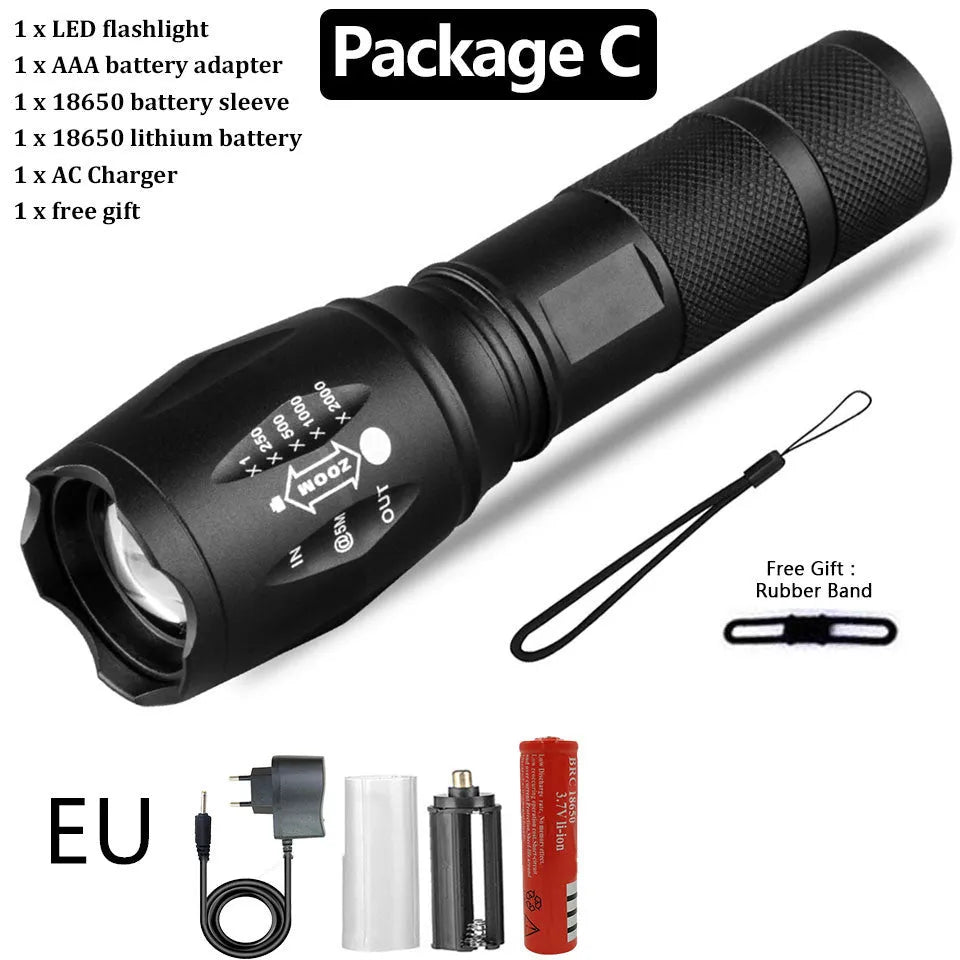 Black rechargeable LED flashlight with telescopic focus and aluminium alloy body, 137x34x27mm