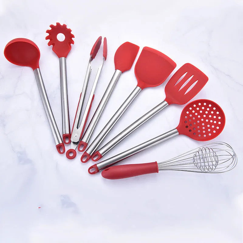 8-piece silicone kitchenware set with stainless steel tube handles in black and red