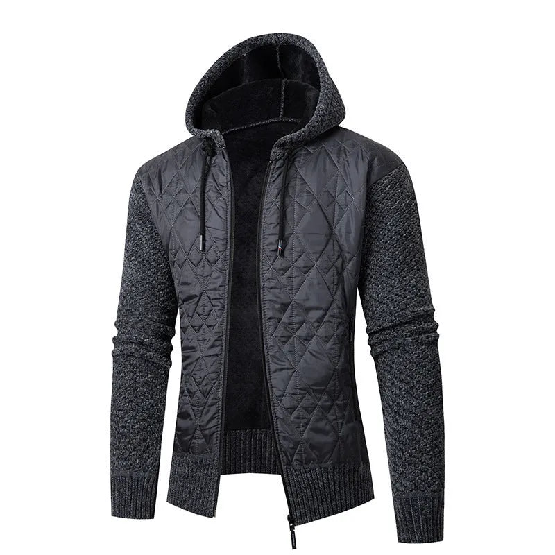 Men's grey hooded sweater coat cardigan with corduroy texture, cinched waist.