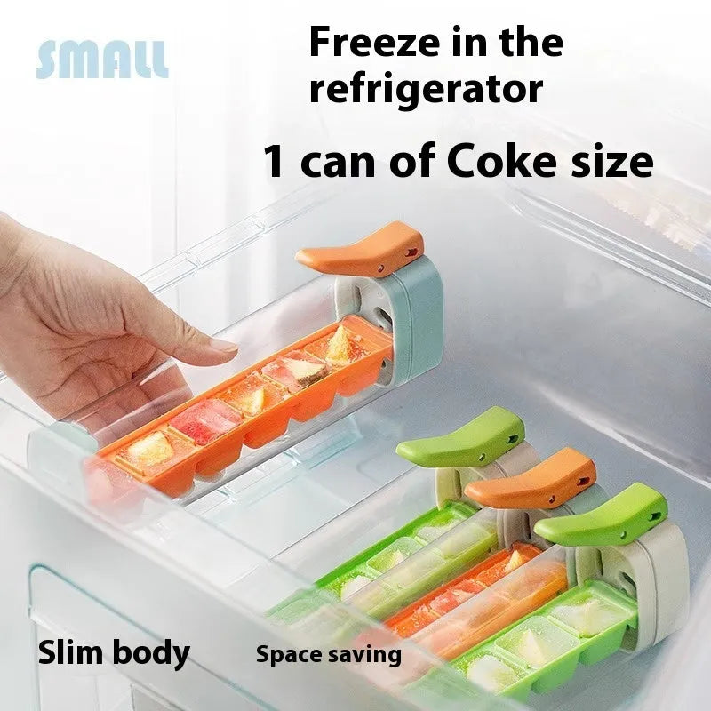Food-grade plastic ice cube tray with one-touch release and storage box in blue or white.