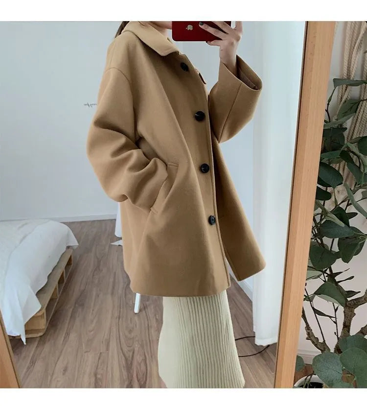 Women's mid-length overcoat, loose straight fit, long sleeves, solid colour, khaki or black, sizes M to 2XL