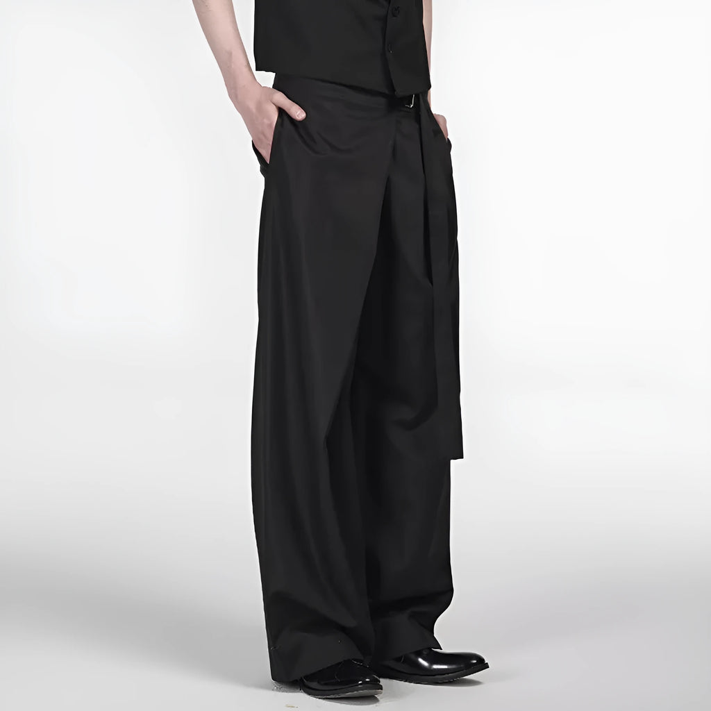 Black straight leg trousers with a single front pleat and an adjustable waistband on a hanger.