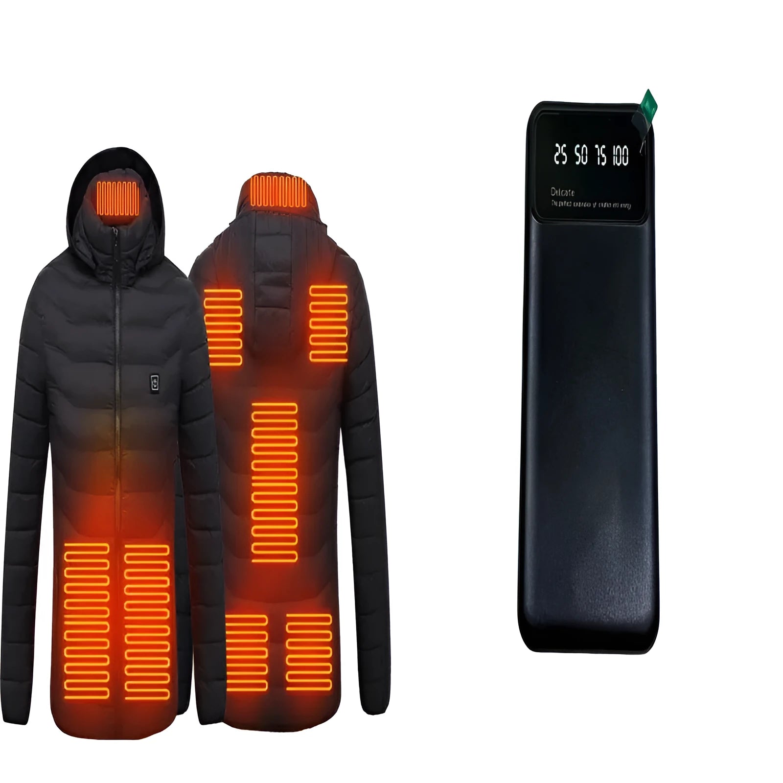 Smart 8-piece heating cotton-padded clothes in black with hood and 3-gear temperature control