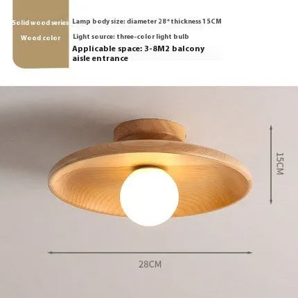 Modern minimalist ceiling lamp with solid wood body and glass shade in wood or walnut colour.