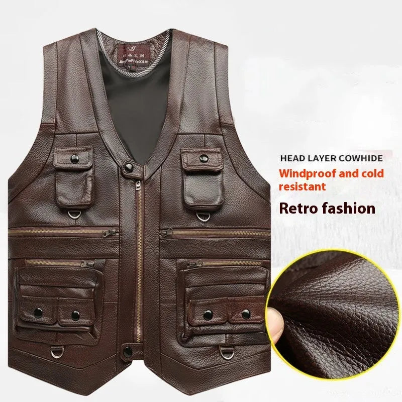 Men's first layer cowhide leather vest with V-neck and zipper front, dark brown or black, sizes 170 to 190