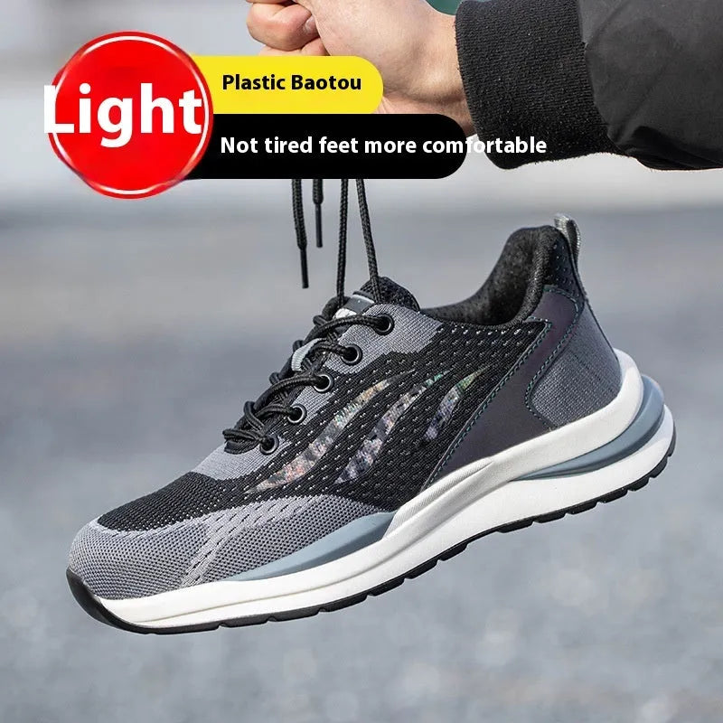 Men's black grey insulated safety shoes with plastic toe cap and lace-up front