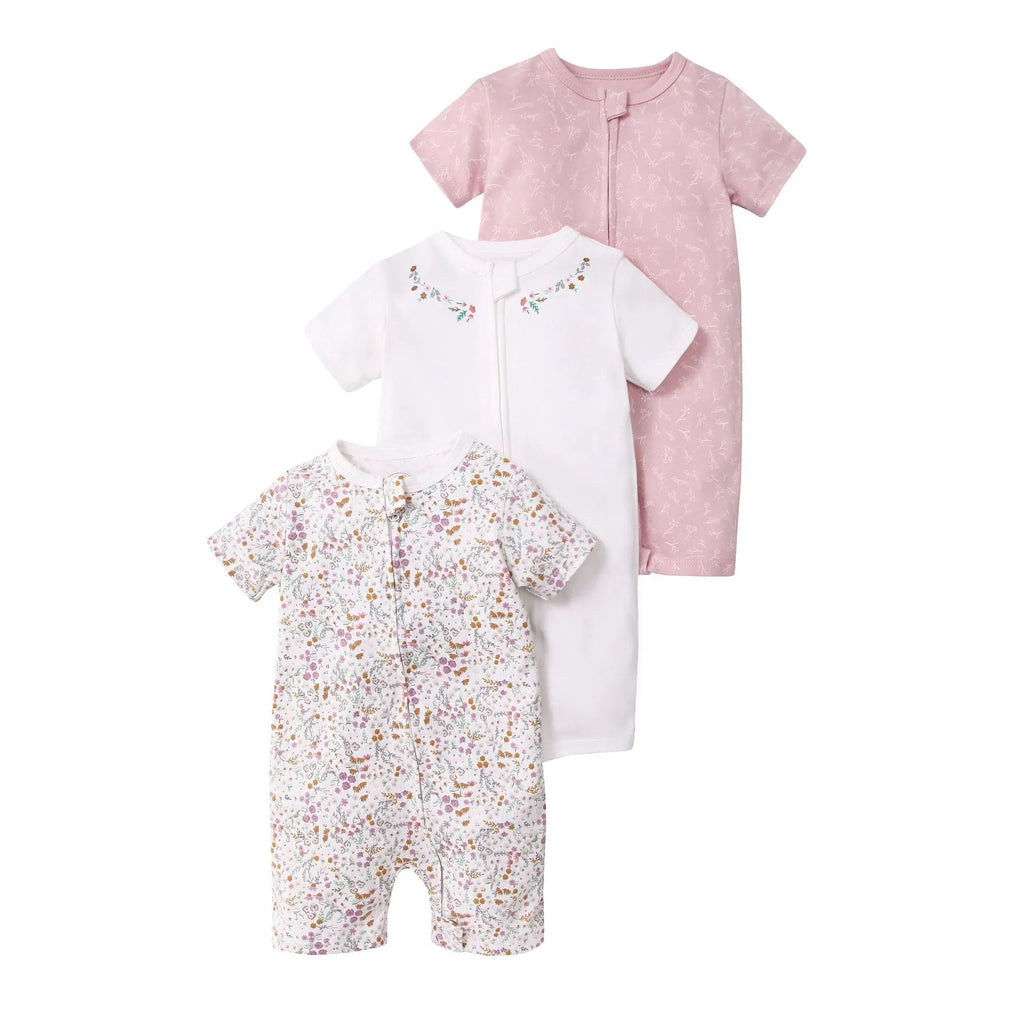 Three baby jumpsuits with short sleeves and double-headed zipper in cotton fabric, featuring animal and stripe patterns