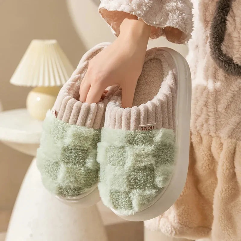 Women's plush indoor slippers in coffee colour with round toe and non-slip PVC sole.