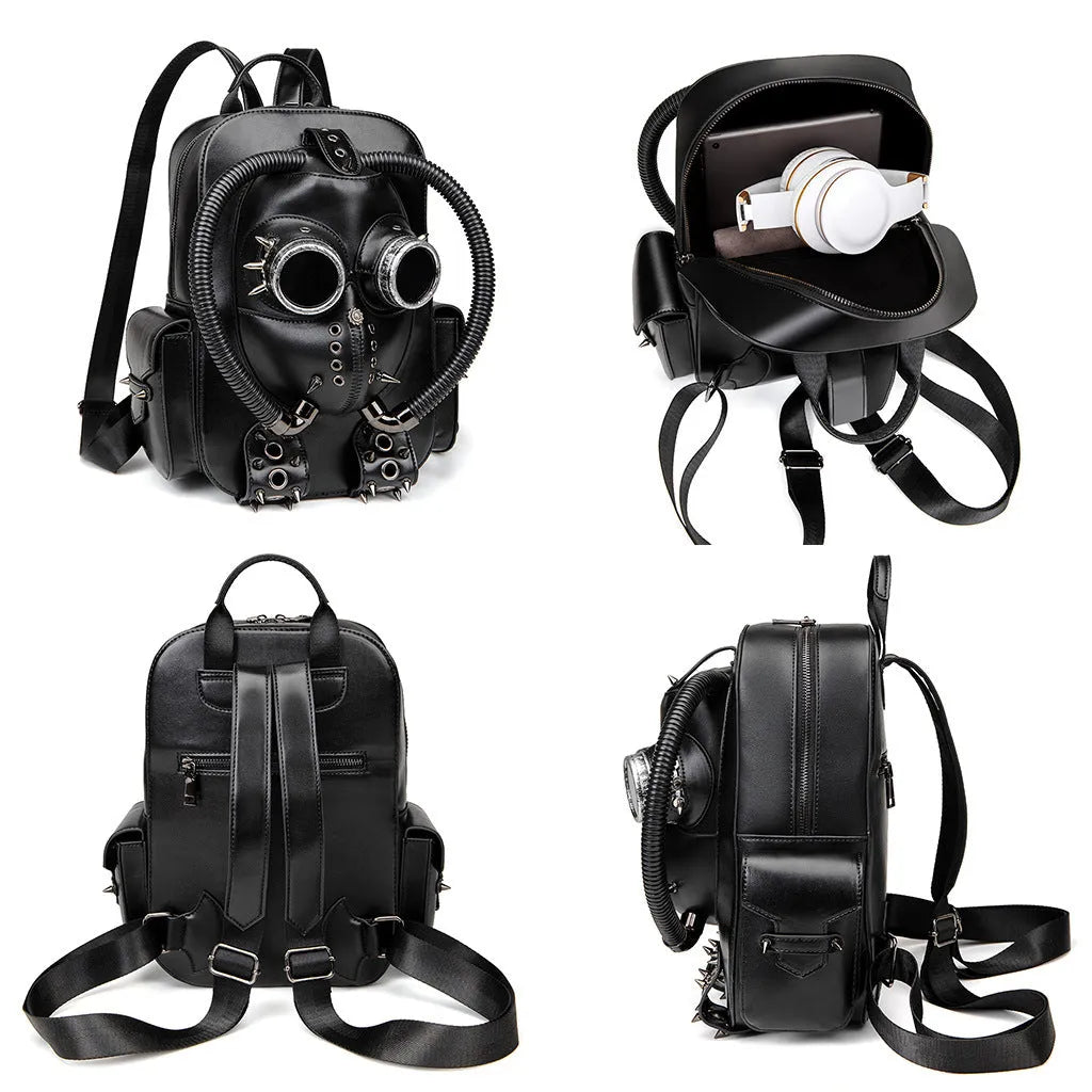 Black gothic skull head studded men's backpack with PU waterproof construction