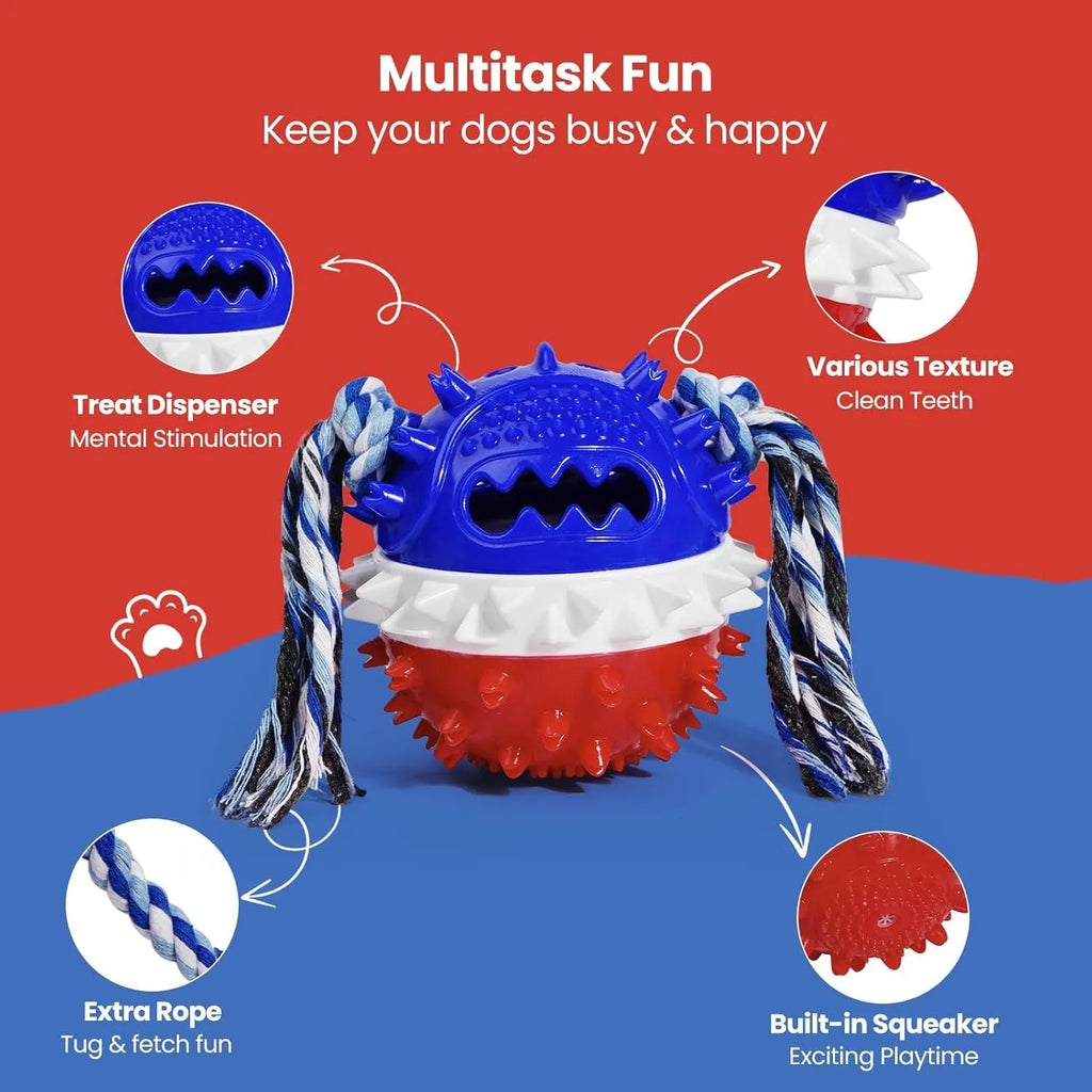 Blue and red TPR rubber dog chew ball with treat hole and rope, for large breed dogs.