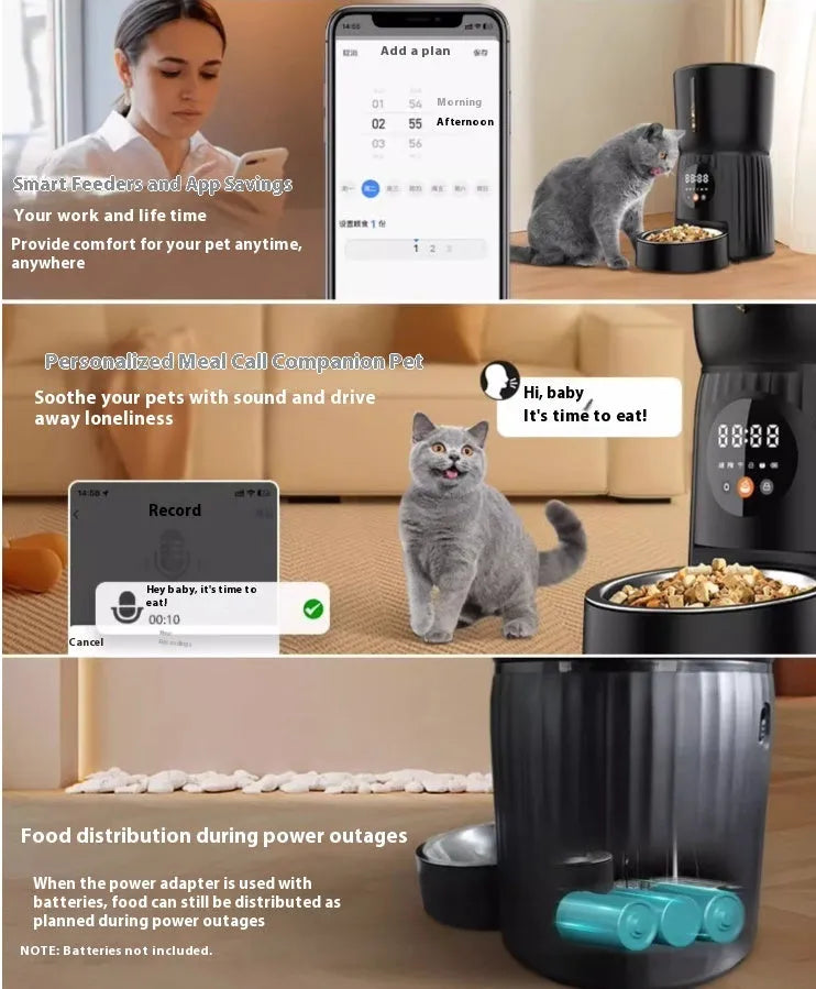 Black and white intelligent pet feeder with automatic timer and USB power cable
