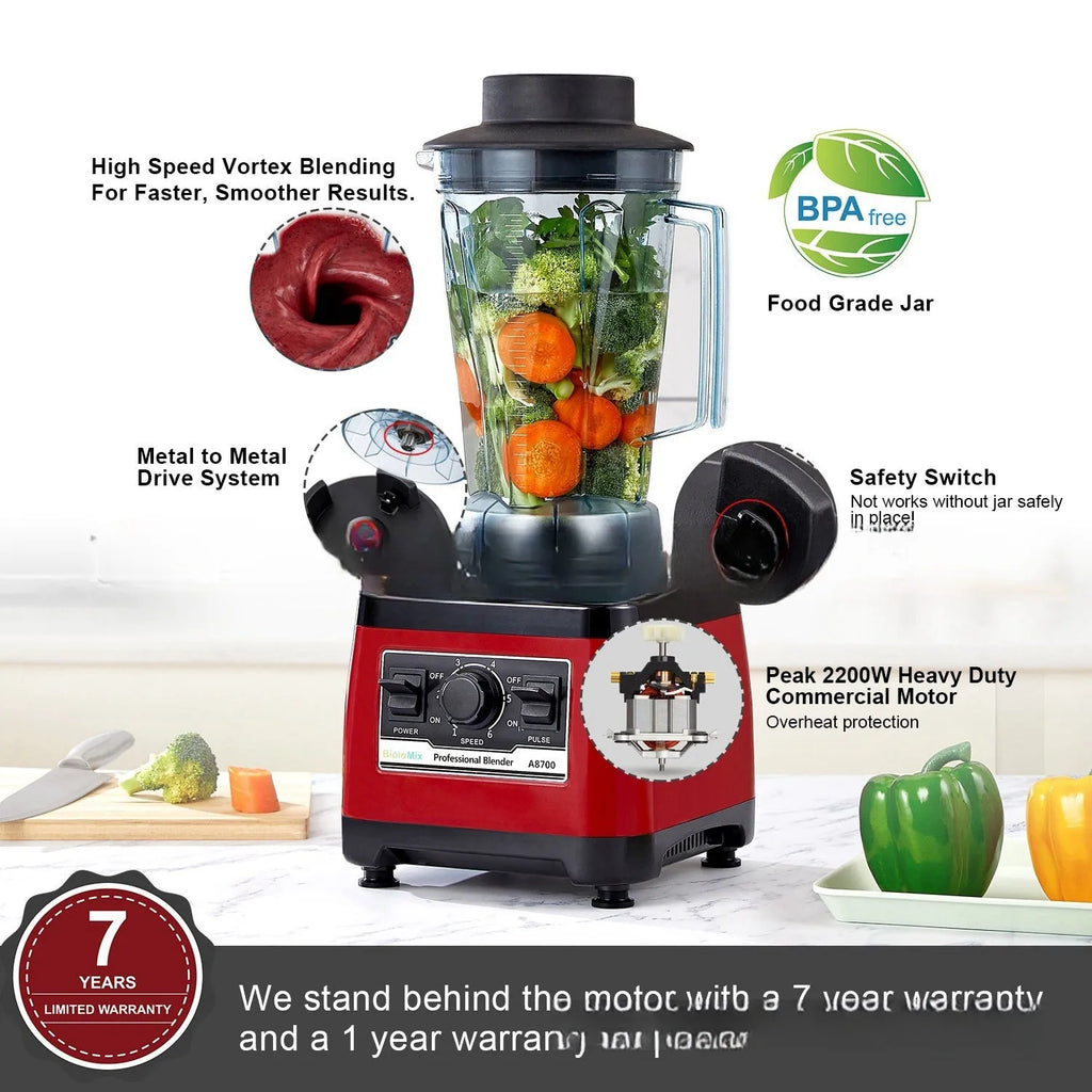Red commercial blender with stainless steel jug and 2200W motor power for professional kitchen use