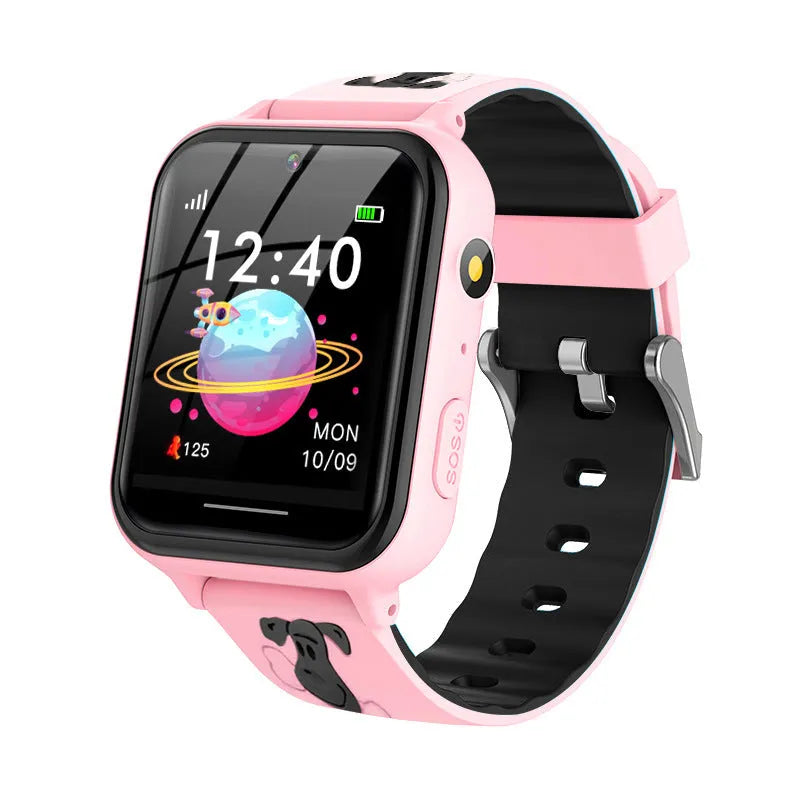 Children's telephone watch with touch screen, 1.54 inch IPS display, silicone strap in pink, blue, and black