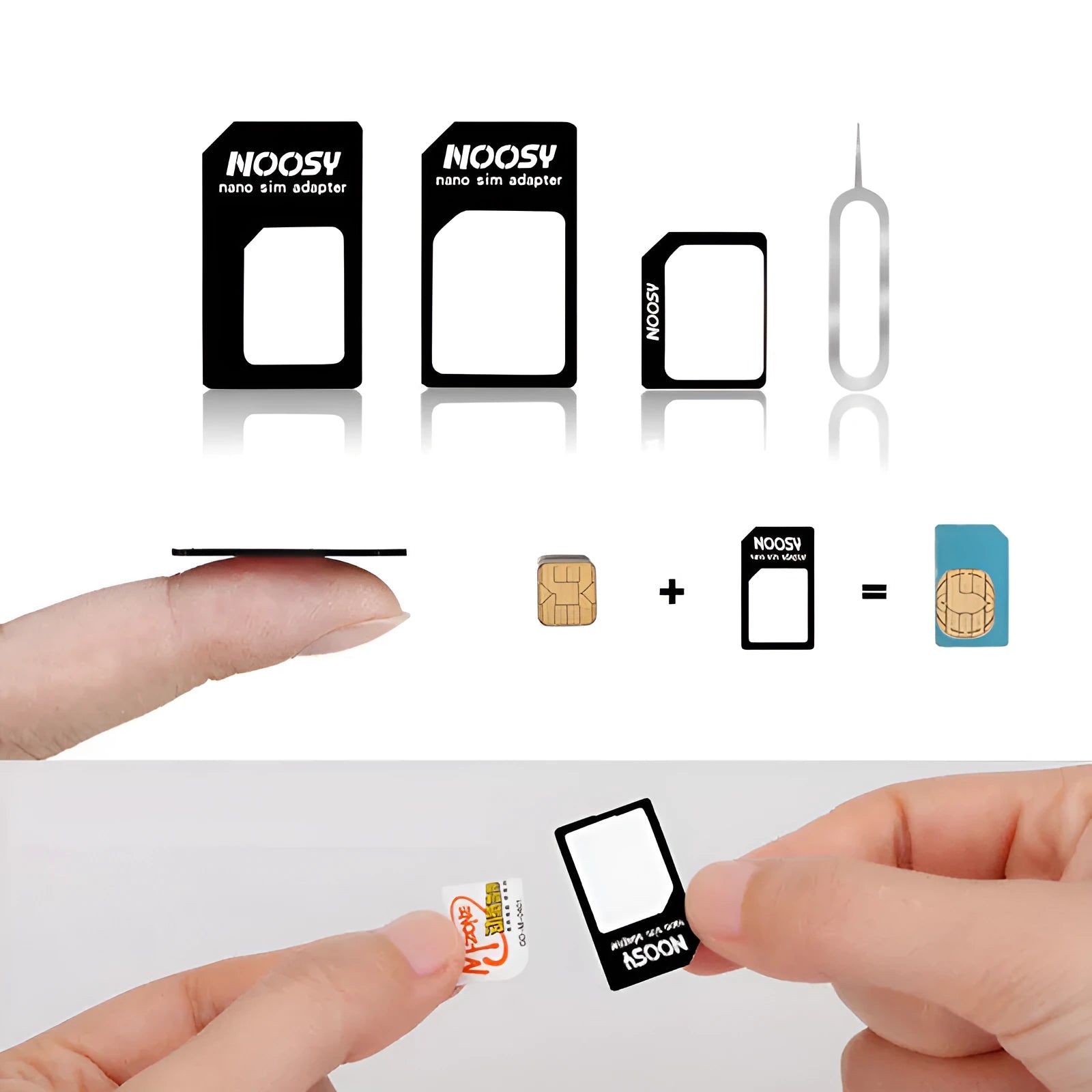 SIM Restore four-in-one adapter kit showing three plastic SIM converters and a metal ejector pin.